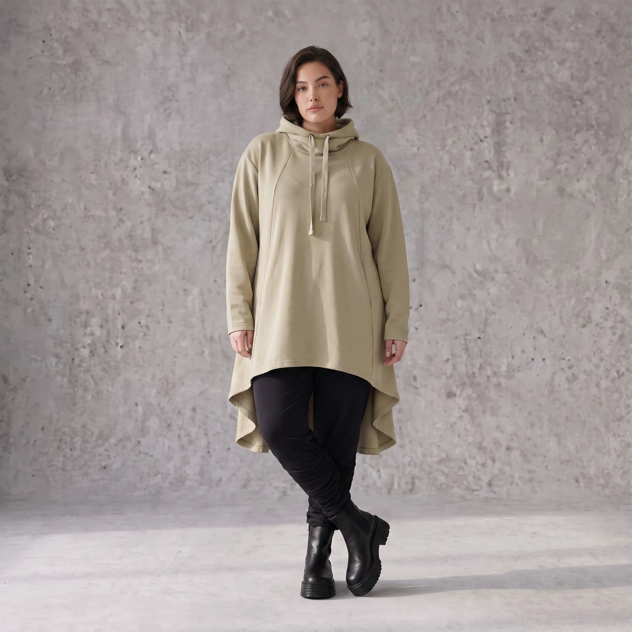 Damen Shirt Avantgarde Baumwolle Beige, Vokuhila-Schnitt, Kapuze, Oversize große Größen – Rafay