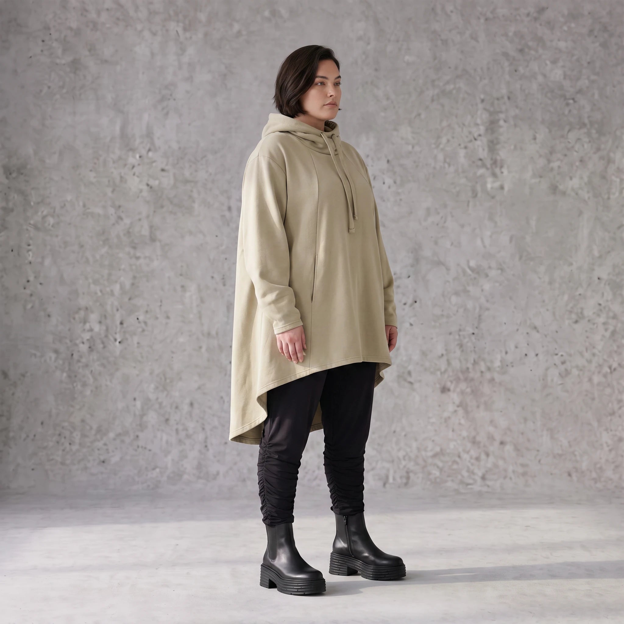 Damen Shirt Avantgarde Baumwolle Beige, Vokuhila-Schnitt, Kapuze, Oversize große Größen – Rafay