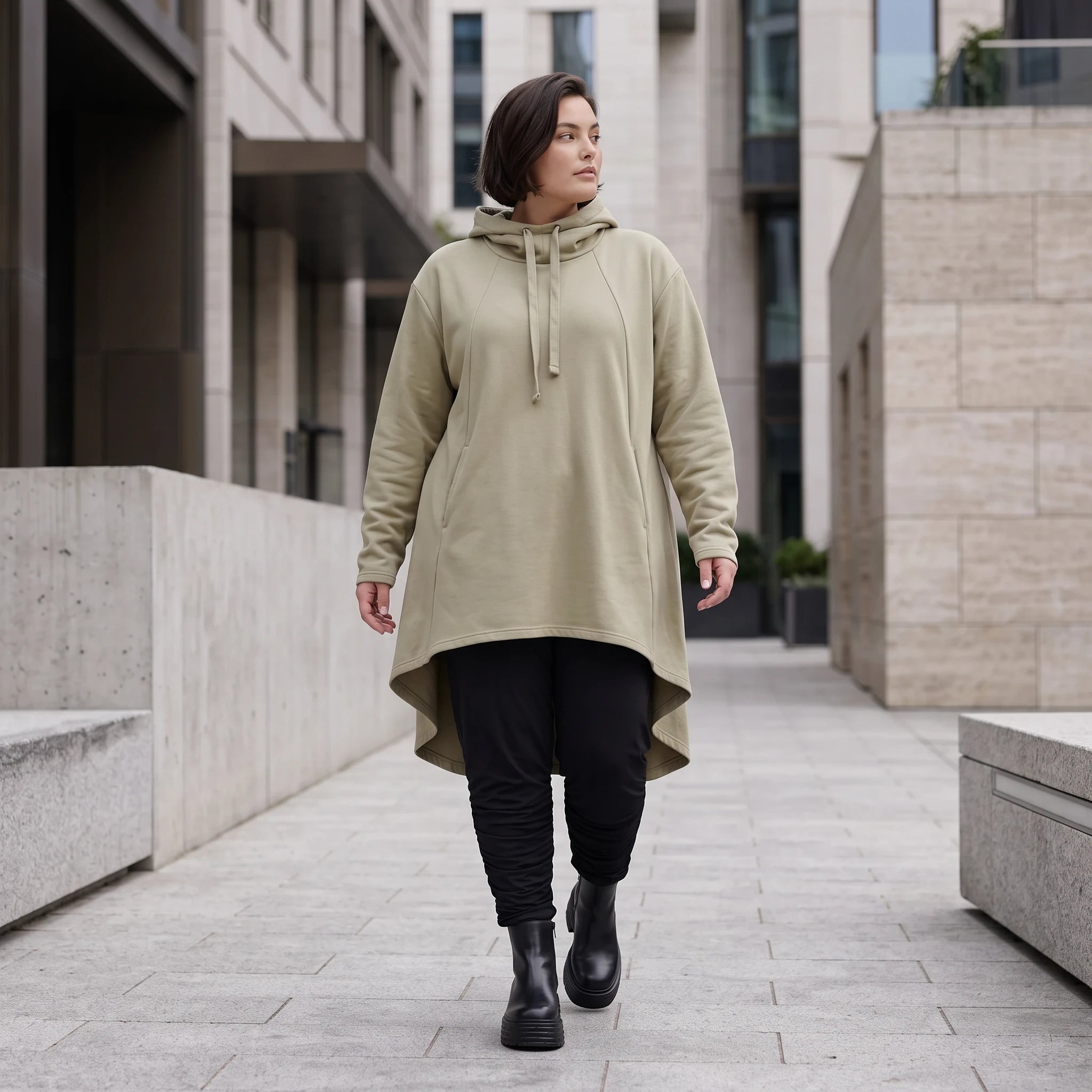 Damen Shirt Avantgarde Baumwolle Beige, Vokuhila-Schnitt, Kapuze, Oversize große Größen – Rafay