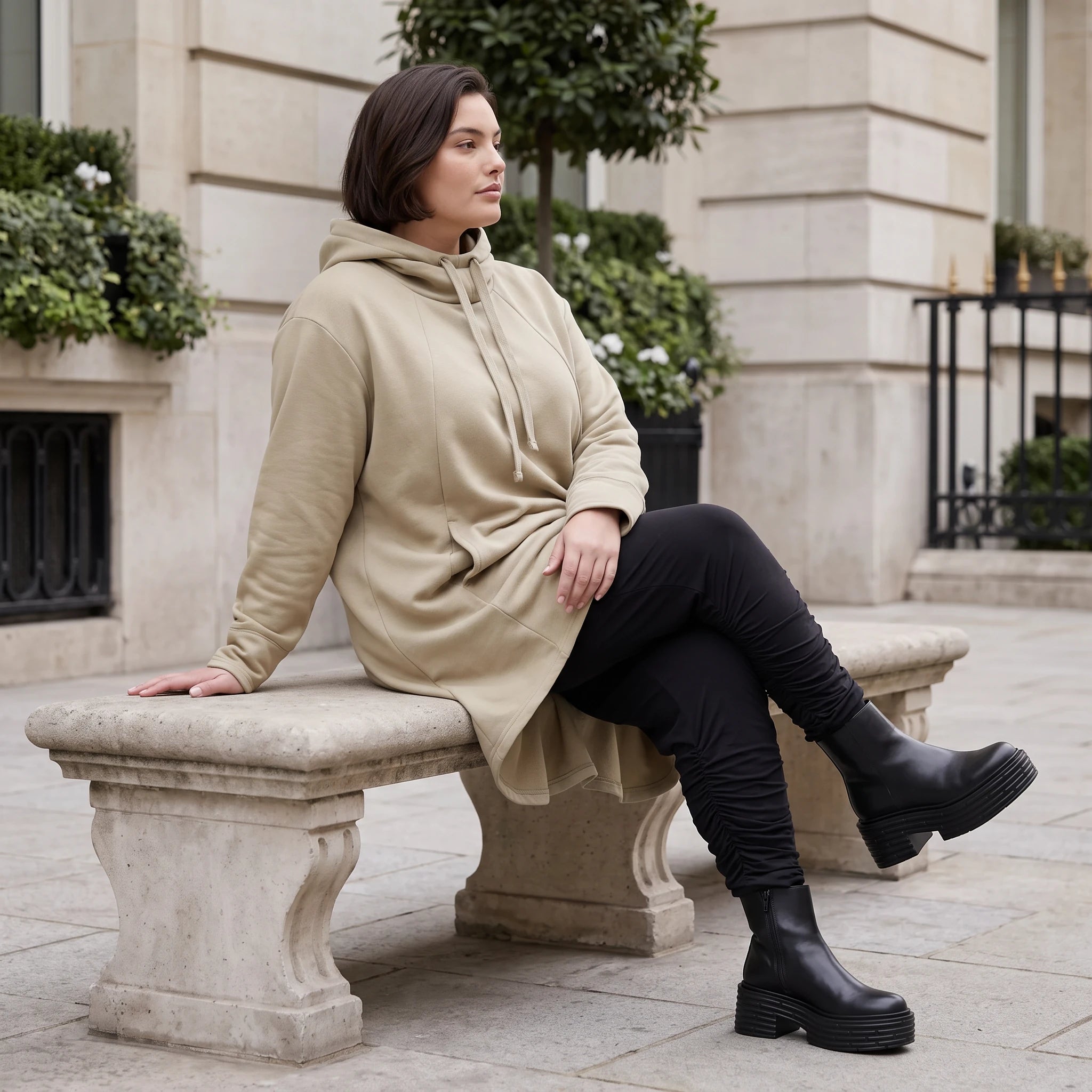 Damen Shirt Avantgarde Baumwolle Beige, Vokuhila-Schnitt, Kapuze, Oversize große Größen – Rafay