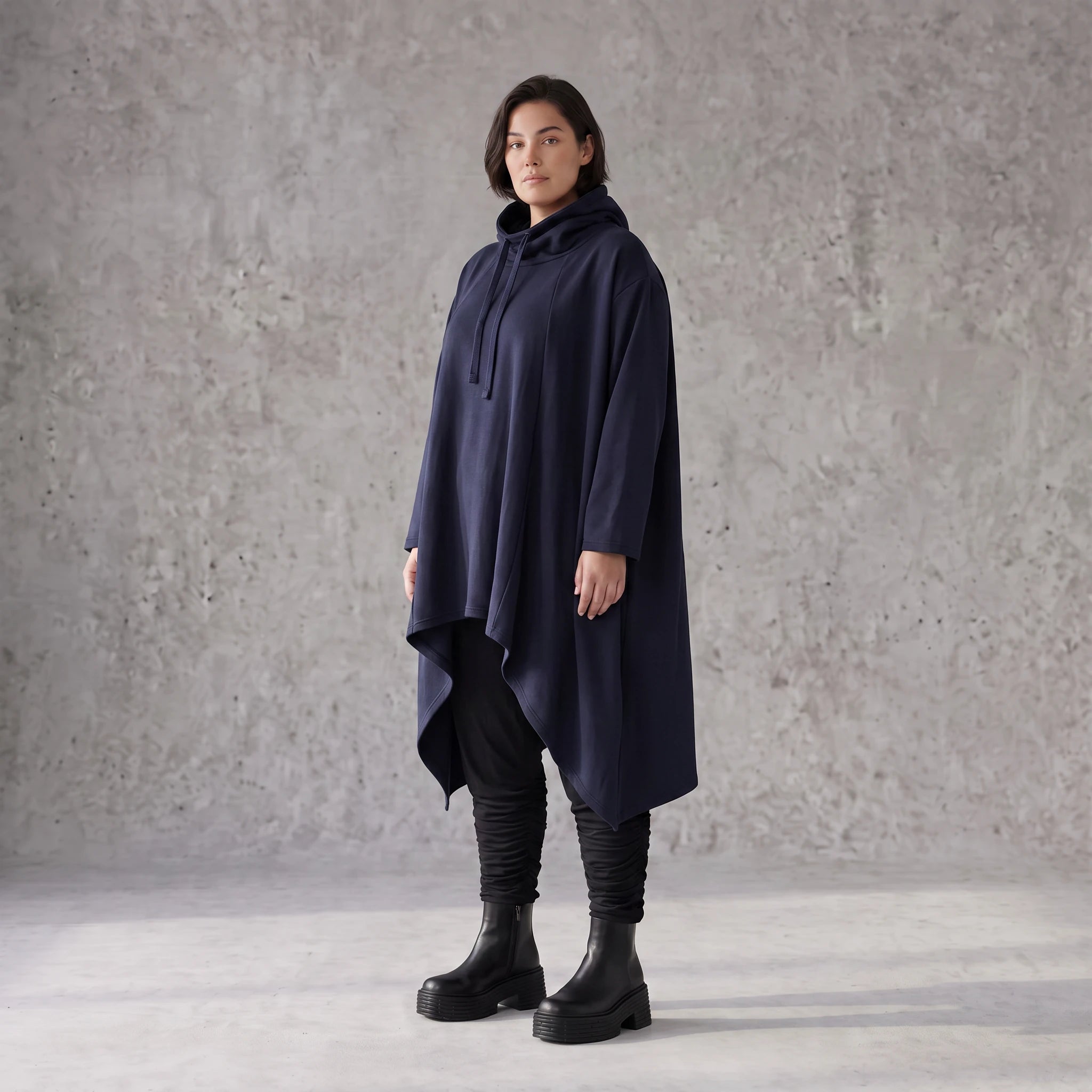 Damen Shirt Avantgarde Baumwolle Dunkelblau, Vokuhila-Schnitt, Kapuze, Oversize große Größen – Rafay