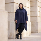 Damen Shirt Avantgarde Baumwolle Dunkelblau, Vokuhila-Schnitt, Kapuze, Oversize große Größen – Rafay
