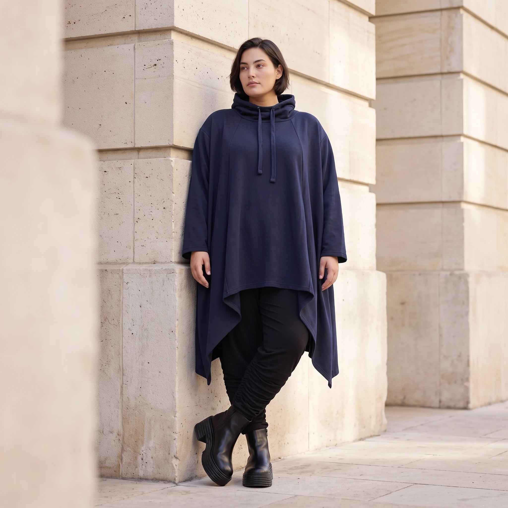 Damen Shirt Avantgarde Baumwolle Dunkelblau, Vokuhila-Schnitt, Kapuze, Oversize große Größen – Rafay