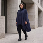 Damen Shirt Avantgarde Baumwolle Dunkelblau, Vokuhila-Schnitt, Kapuze, Oversize große Größen – Rafay