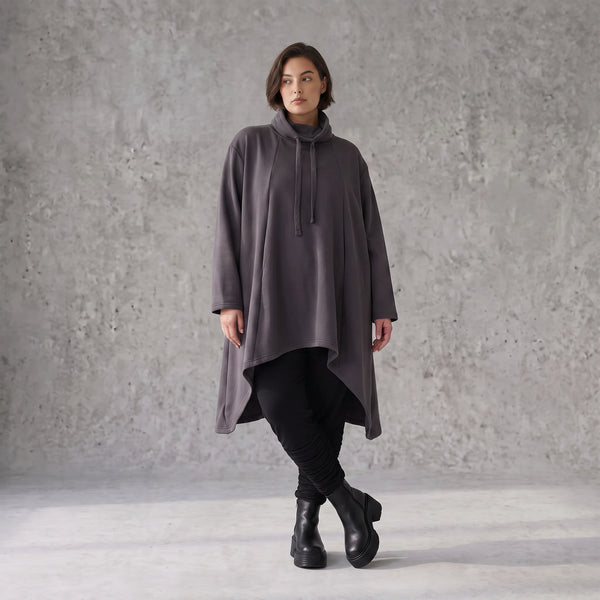 Damen Shirt Avantgarde Baumwolle Dunkelgrau, Vokuhila-Schnitt, Kapuze, Oversize große Größen – Rafay