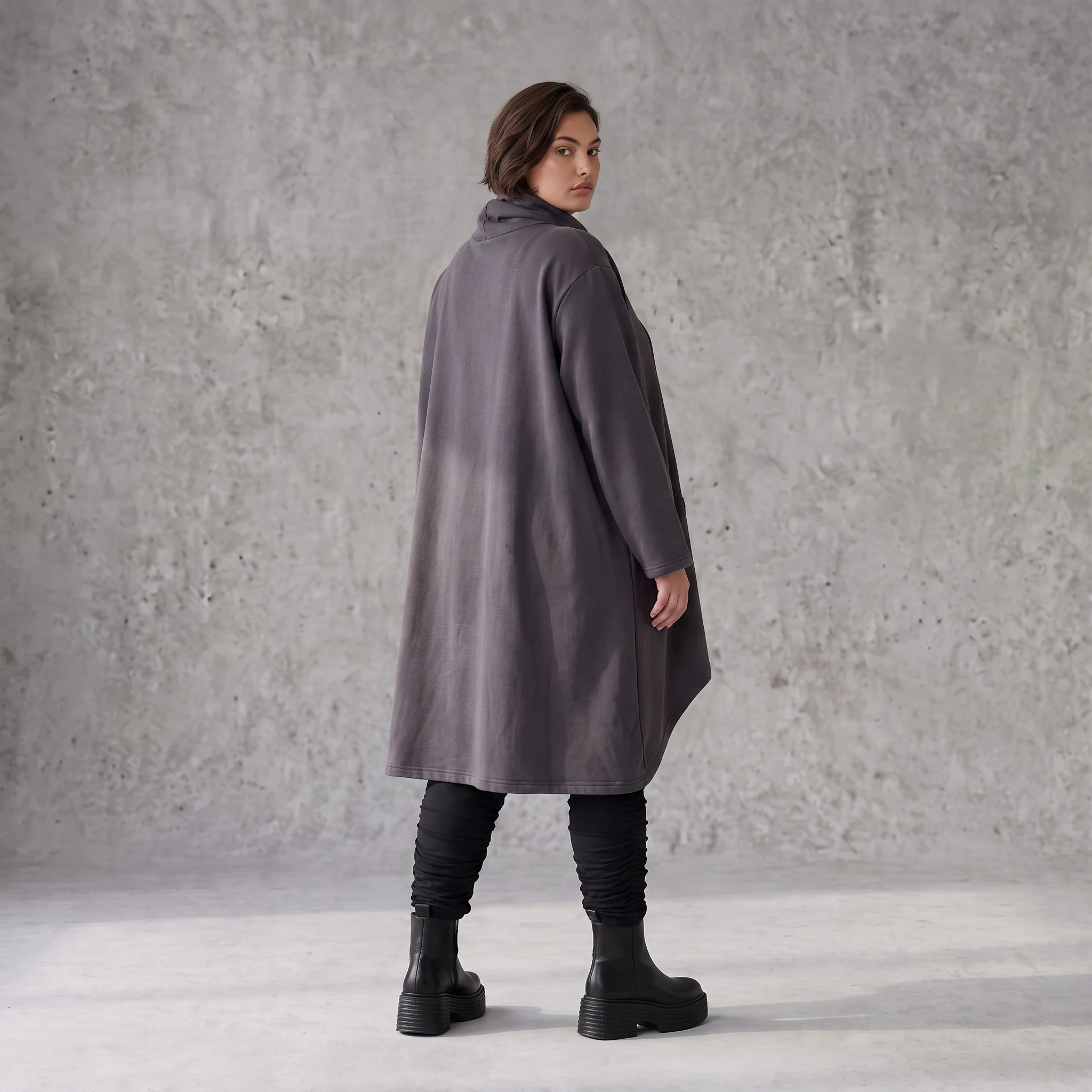 Damen Shirt Avantgarde Baumwolle Dunkelgrau, Vokuhila-Schnitt, Kapuze, Oversize große Größen – Rafay