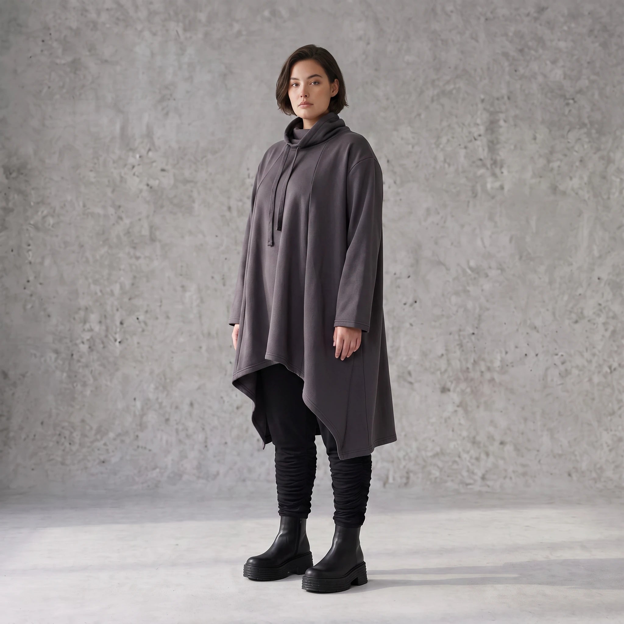 Damen Shirt Avantgarde Baumwolle Dunkelgrau, Vokuhila-Schnitt, Kapuze, Oversize große Größen – Rafay