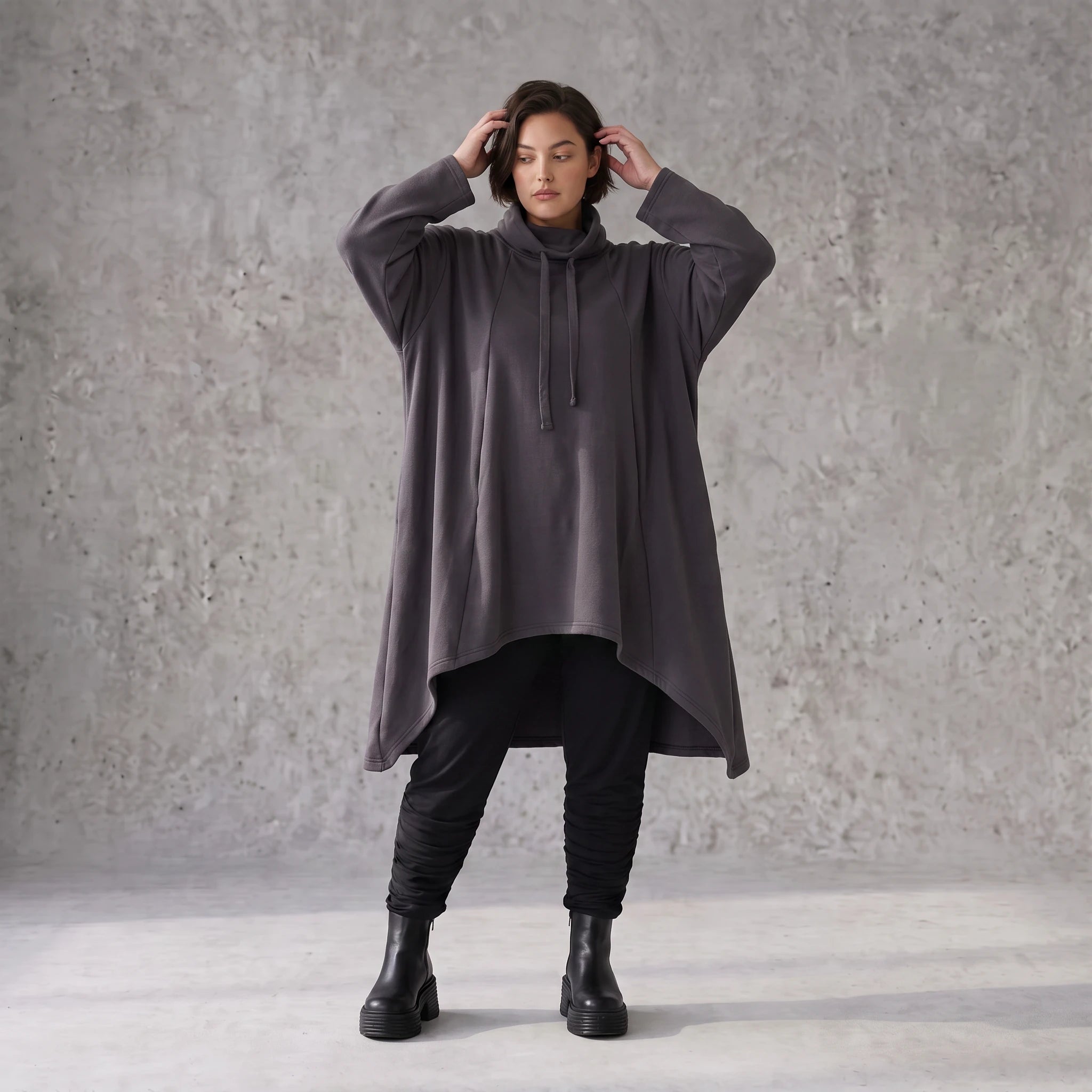 Damen Shirt Avantgarde Baumwolle Dunkelgrau, Vokuhila-Schnitt, Kapuze, Oversize große Größen – Rafay