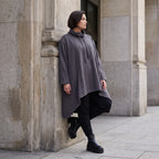 Damen Shirt Avantgarde Baumwolle Dunkelgrau, Vokuhila-Schnitt, Kapuze, Oversize große Größen – Rafay