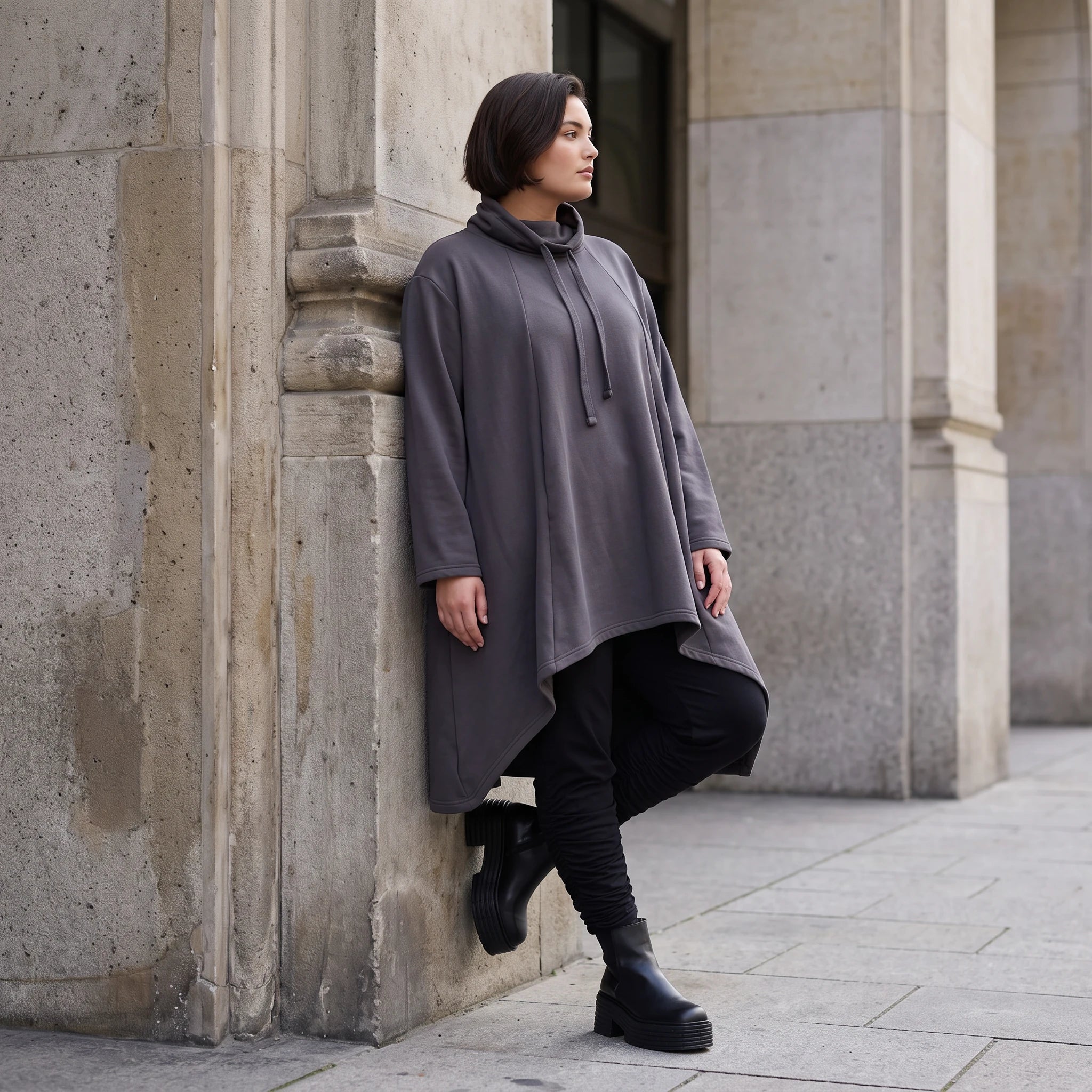 Damen Shirt Avantgarde Baumwolle Dunkelgrau, Vokuhila-Schnitt, Kapuze, Oversize große Größen – Rafay