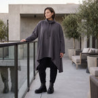 Damen Shirt Avantgarde Baumwolle Dunkelgrau, Vokuhila-Schnitt, Kapuze, Oversize große Größen – Rafay