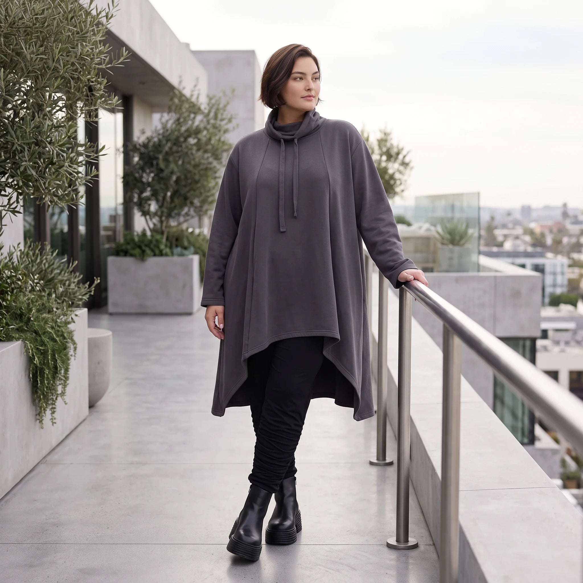 Damen Shirt Avantgarde Baumwolle Dunkelgrau, Vokuhila-Schnitt, Kapuze, Oversize große Größen – Rafay