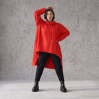 Damen Shirt Avantgarde Baumwolle Rot, Vokuhila, Langarm, Kapuze, Oversize große Größen – Rafay