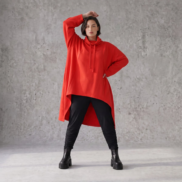 Damen Shirt Avantgarde Baumwolle Rot, Vokuhila, Langarm, Kapuze, Oversize große Größen – Rafay