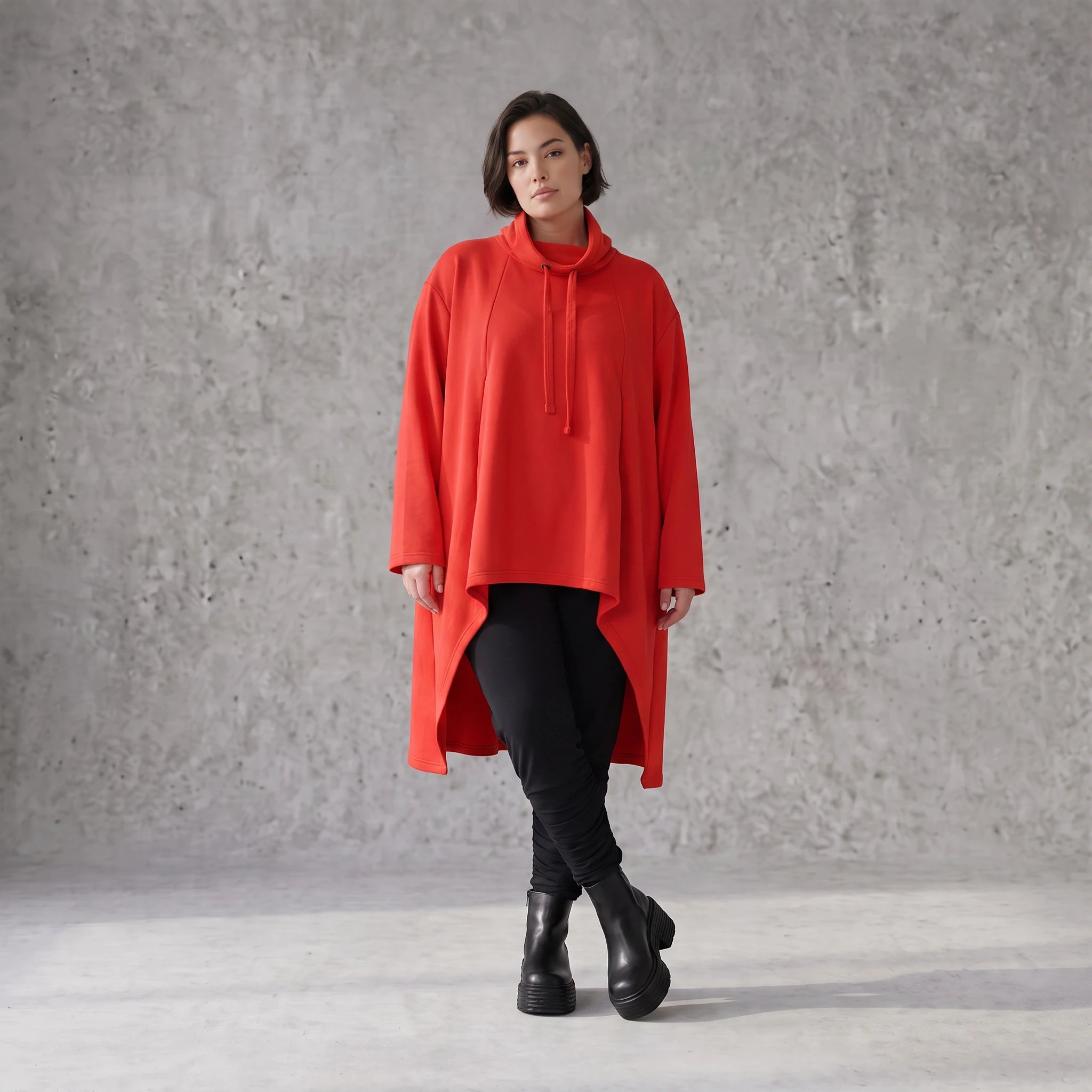 Damen Shirt Avantgarde Baumwolle Rot, Vokuhila, Langarm, Kapuze, Oversize große Größen – Rafay