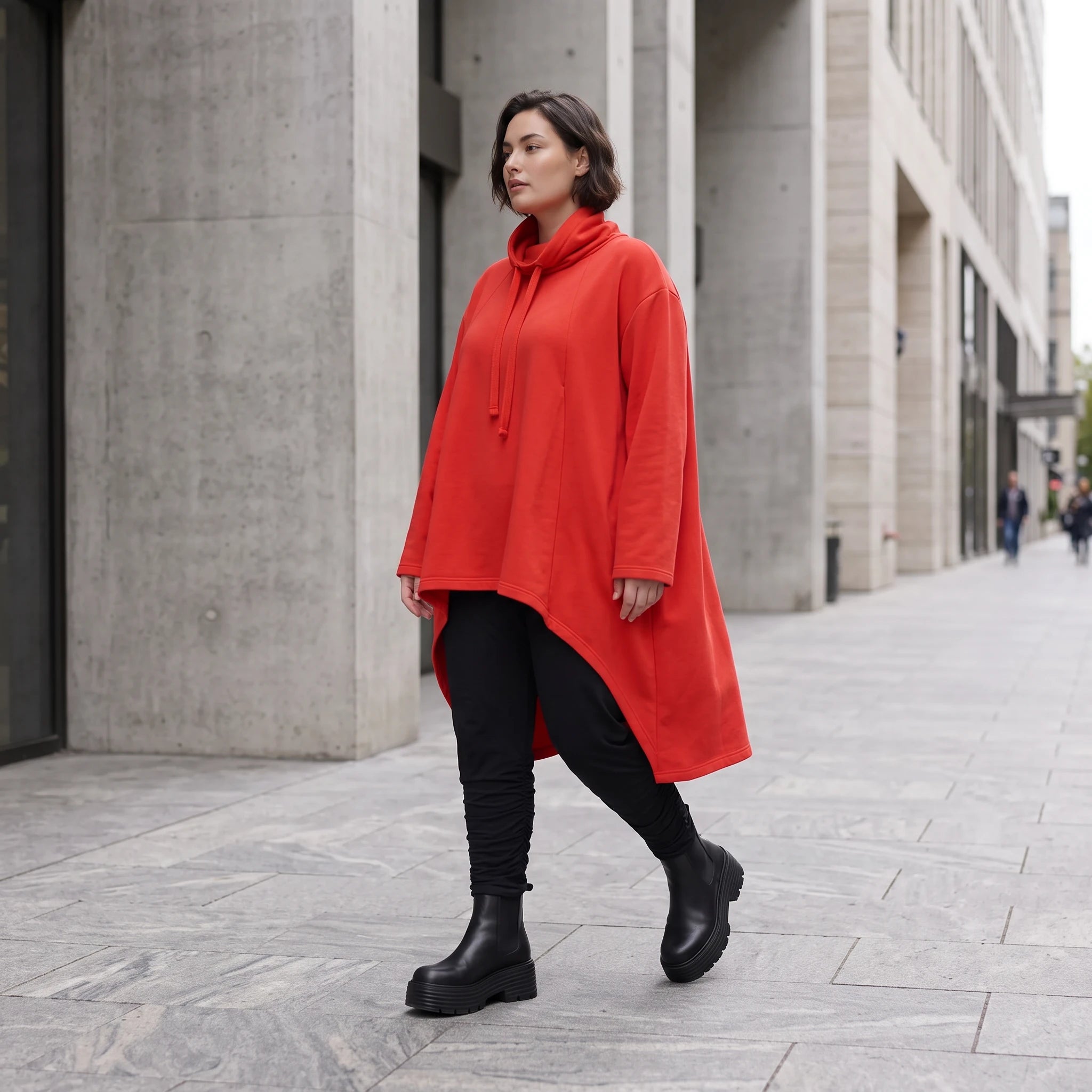 Damen Shirt Avantgarde Baumwolle Rot, Vokuhila, Langarm, Kapuze, Oversize große Größen – Rafay