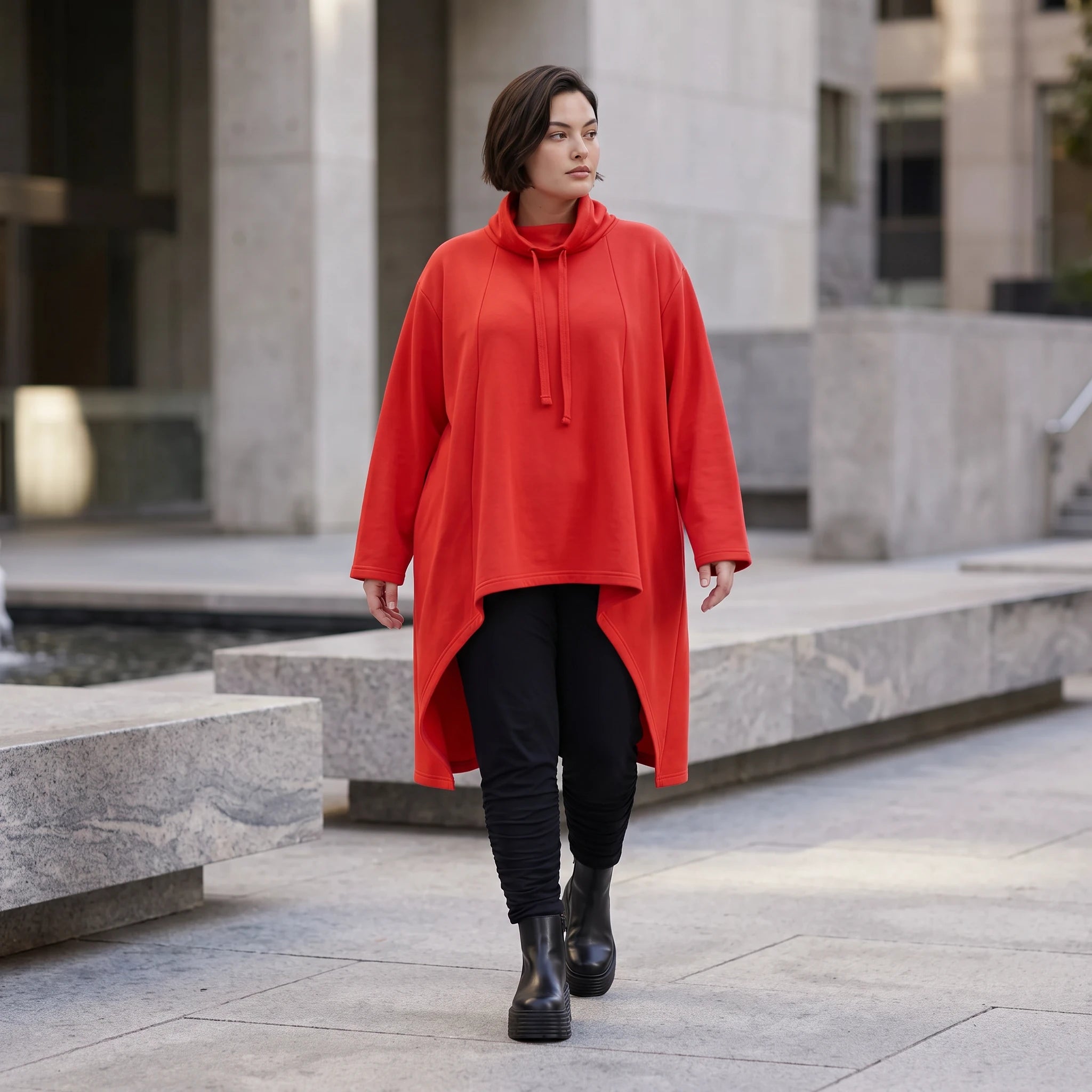 Damen Shirt Avantgarde Baumwolle Rot, Vokuhila, Langarm, Kapuze, Oversize große Größen – Rafay