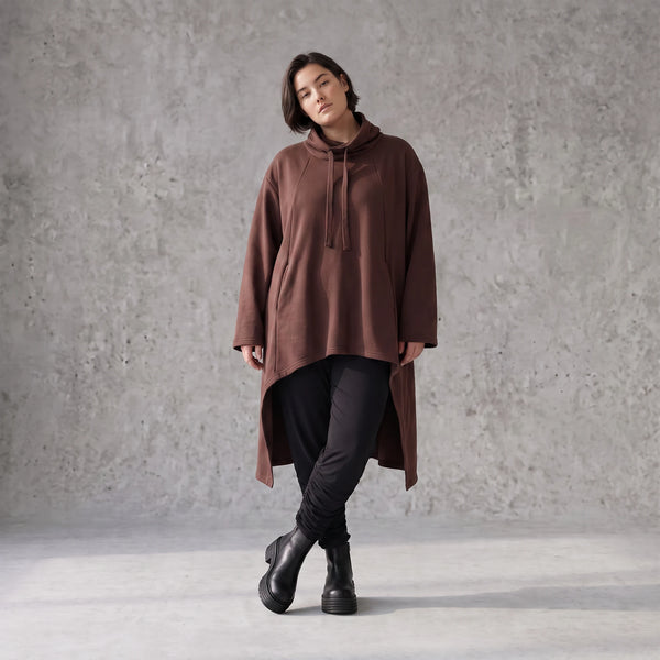 Damen Shirt Avantgarde Baumwolle Schokobraun, Vokuhila, Langarm, Kapuze, Oversize große Größen – Rafay