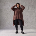 Damen Shirt Avantgarde Baumwolle Schokobraun, Vokuhila, Langarm, Kapuze, Oversize große Größen – Rafay
