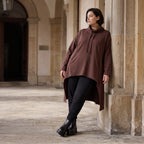Damen Shirt Avantgarde Baumwolle Schokobraun, Vokuhila, Langarm, Kapuze, Oversize große Größen – Rafay