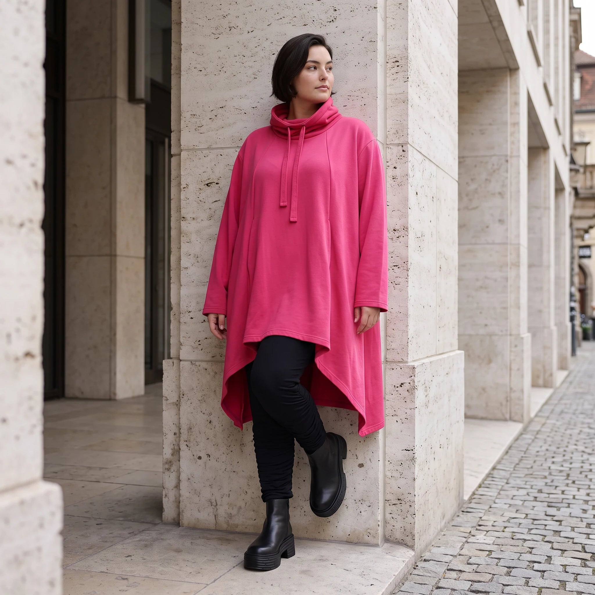 Damen Shirt Avantgarde Baumwolle Pink, Vokuhila, Langarm, Kapuze, Oversize große Größen – Rafay