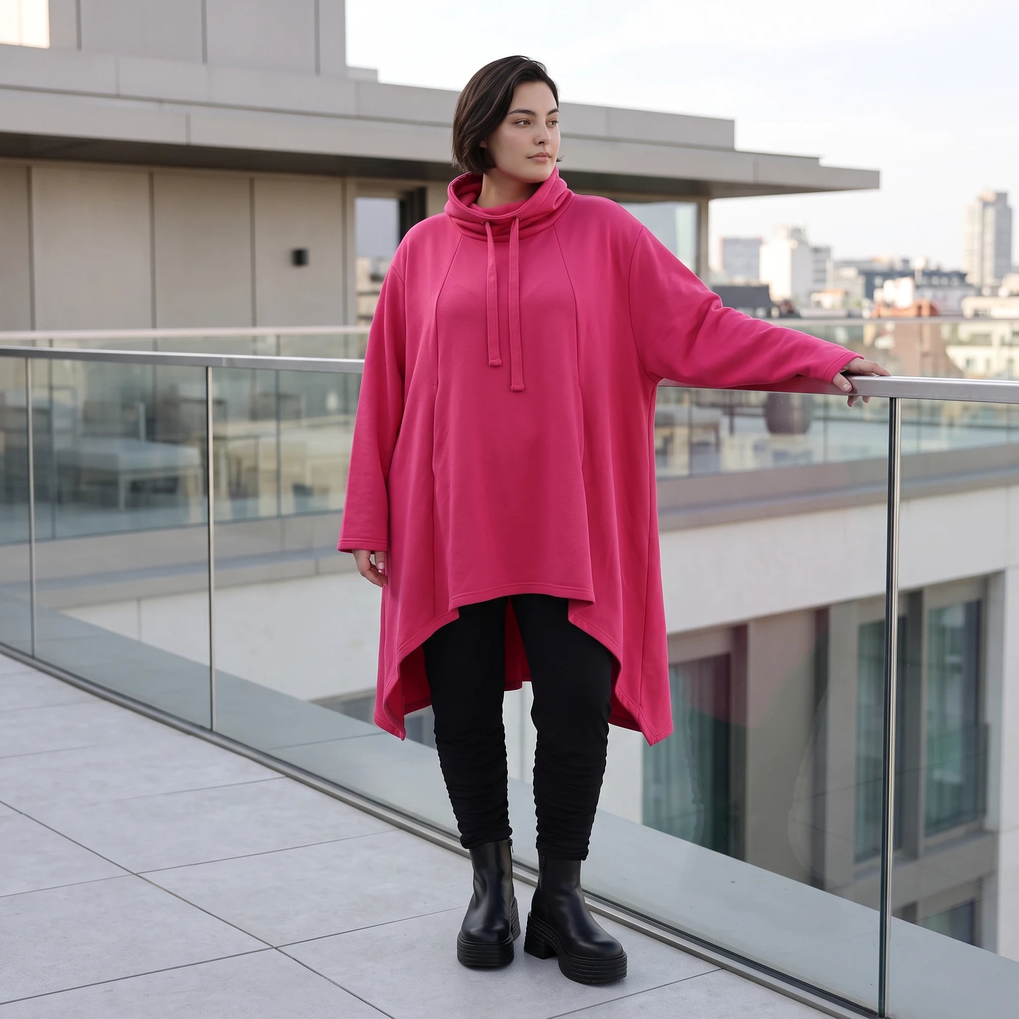 Damen Shirt Avantgarde Baumwolle Pink, Vokuhila, Langarm, Kapuze, Oversize große Größen – Rafay