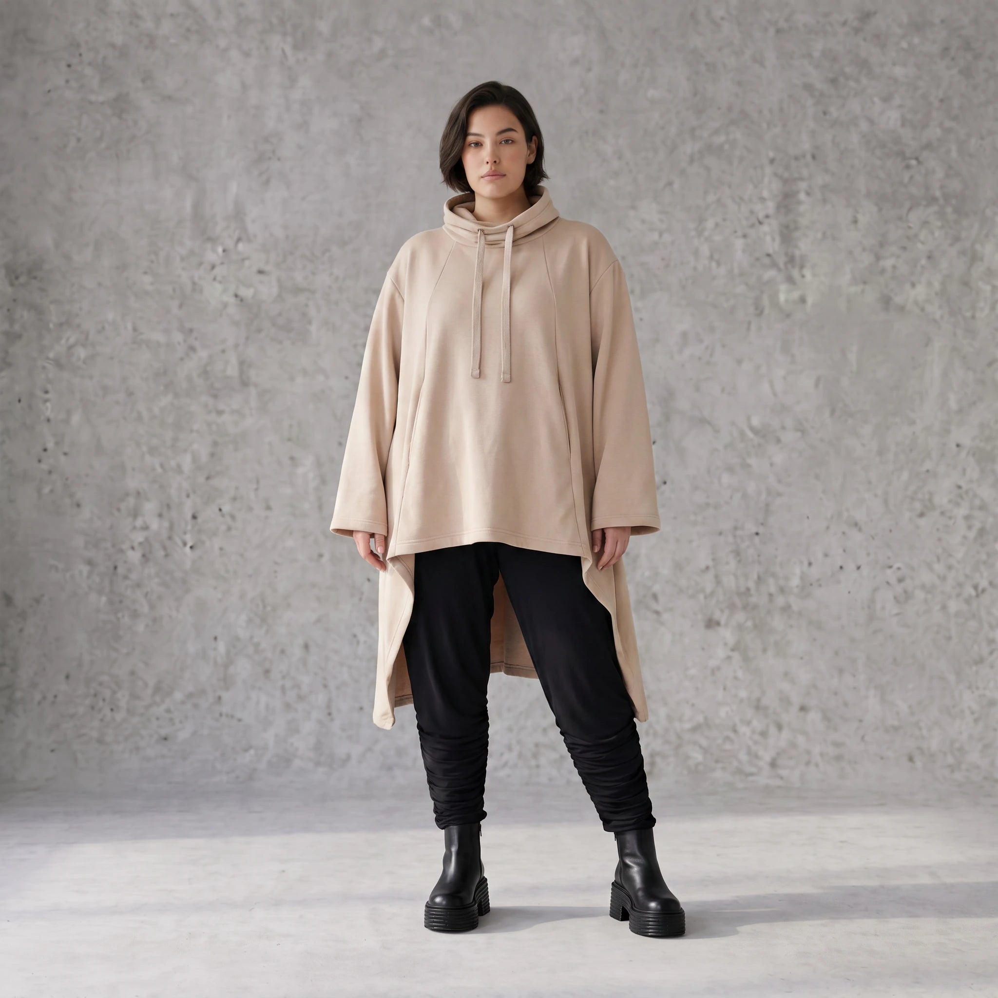 Damen Shirt Avantgarde Baumwolle Sand, Vokuhila, Langarm, Kapuze, Oversize große Größen – Rafay