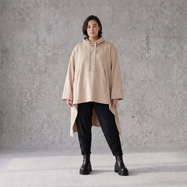Damen Shirt Avantgarde Baumwolle Sand, Vokuhila, Langarm, Kapuze, Oversize große Größen – Rafay