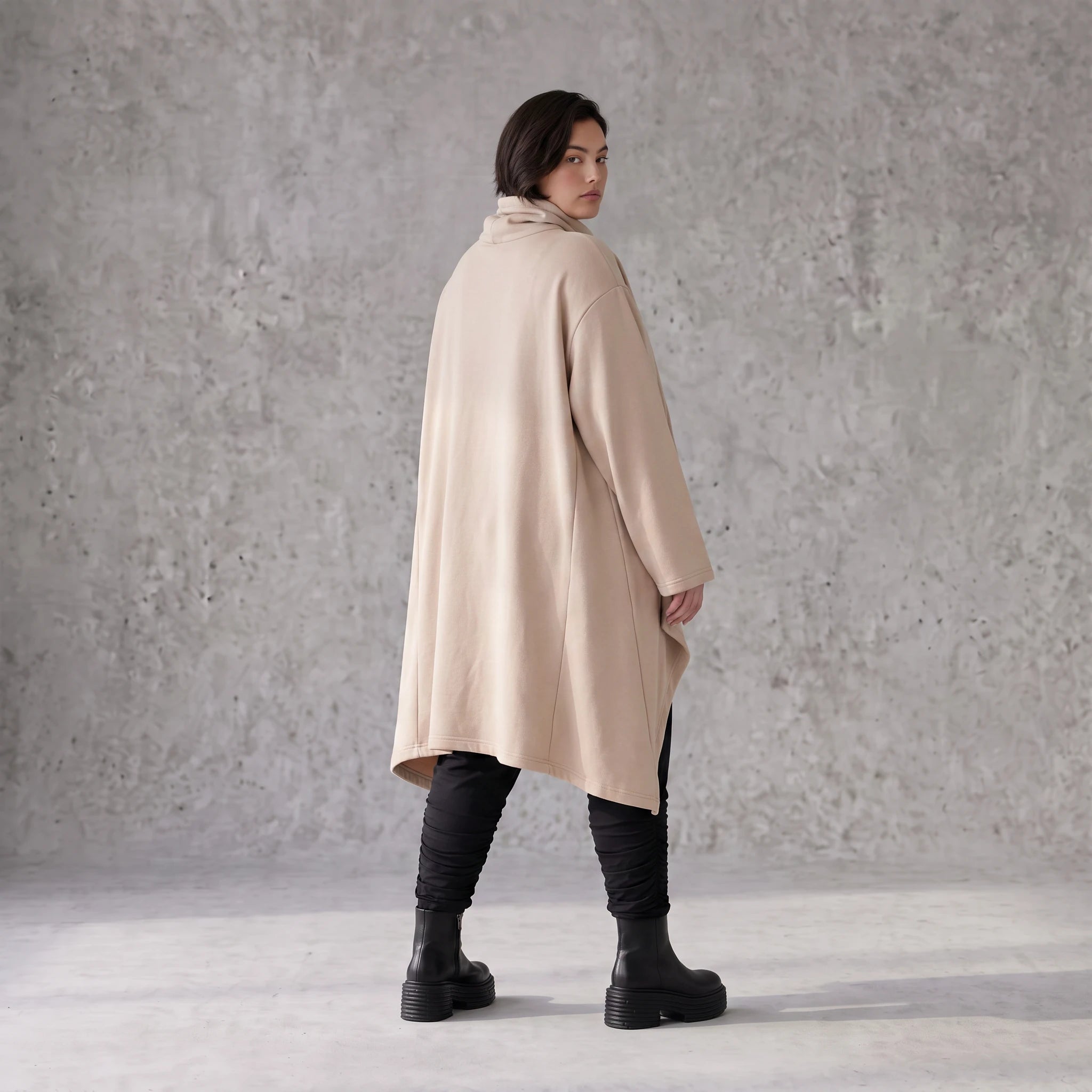 Damen Shirt Avantgarde Baumwolle Sand, Vokuhila, Langarm, Kapuze, Oversize große Größen – Rafay