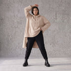 Damen Shirt Avantgarde Baumwolle Sand, Vokuhila, Langarm, Kapuze, Oversize große Größen – Rafay