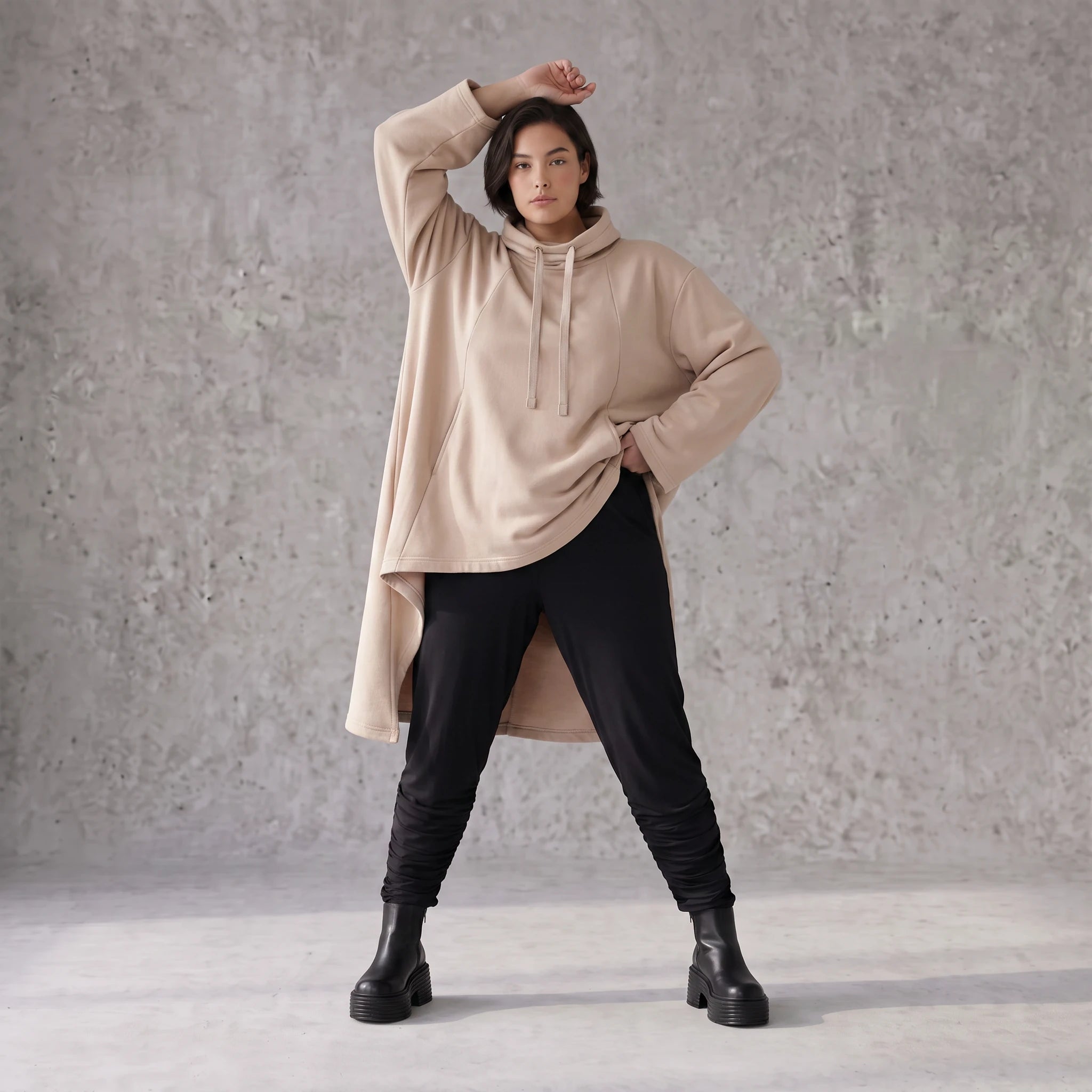 Damen Shirt Avantgarde Baumwolle Sand, Vokuhila, Langarm, Kapuze, Oversize große Größen – Rafay