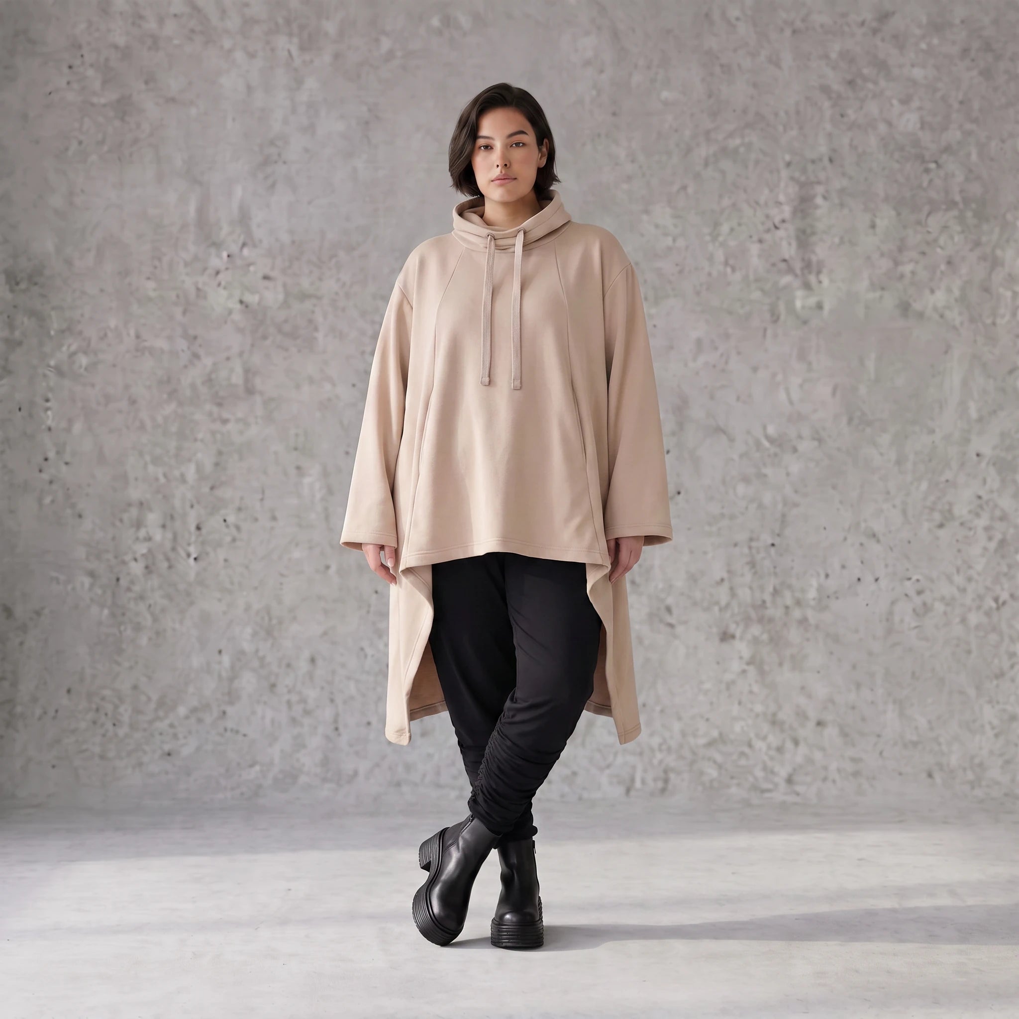 Damen Shirt Avantgarde Baumwolle Sand, Vokuhila, Langarm, Kapuze, Oversize große Größen – Rafay