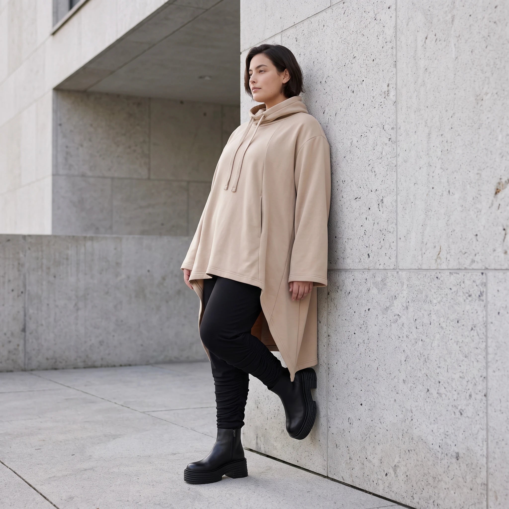 Damen Shirt Avantgarde Baumwolle Sand, Vokuhila, Langarm, Kapuze, Oversize große Größen – Rafay