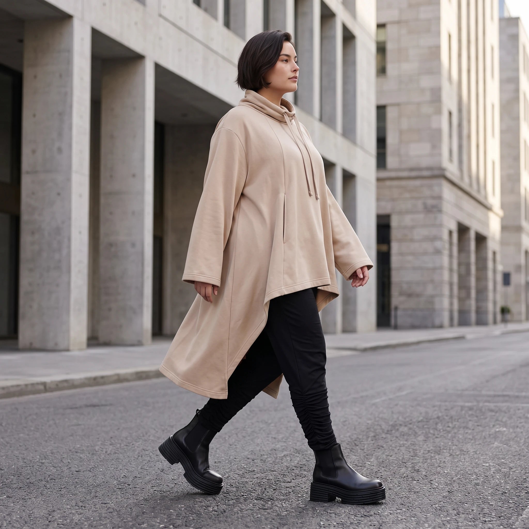 Damen Shirt Avantgarde Baumwolle Sand, Vokuhila, Langarm, Kapuze, Oversize große Größen – Rafay