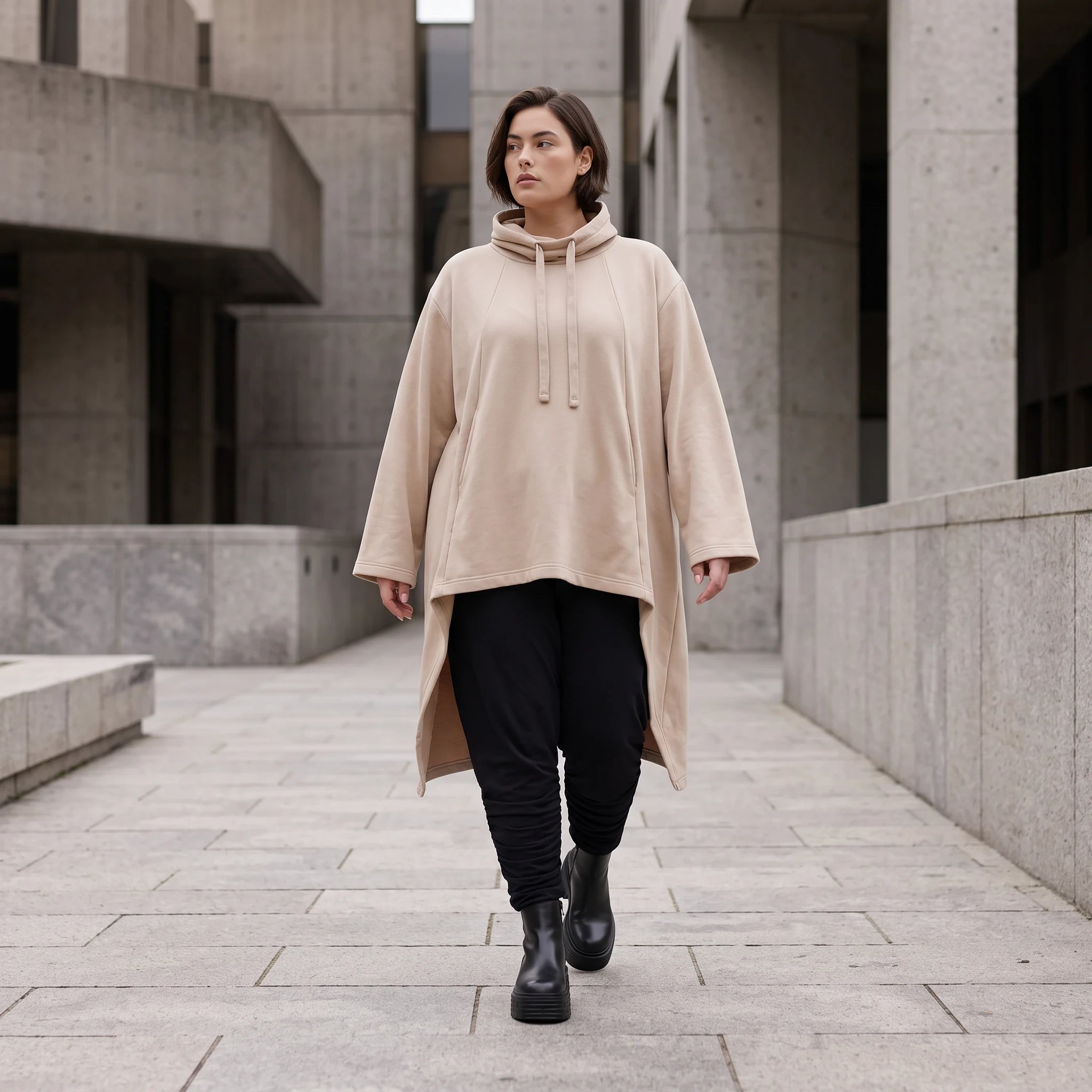 Damen Shirt Avantgarde Baumwolle Sand, Vokuhila, Langarm, Kapuze, Oversize große Größen – Rafay