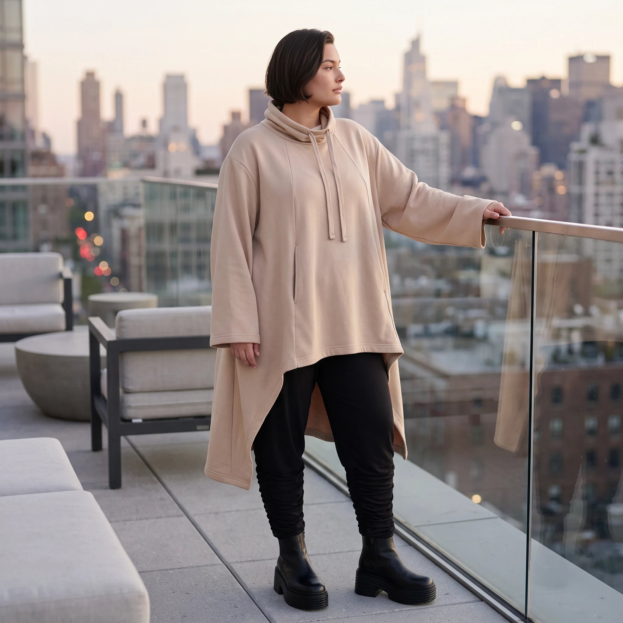 Damen Shirt Avantgarde Baumwolle Sand, Vokuhila, Langarm, Kapuze, Oversize große Größen – Rafay