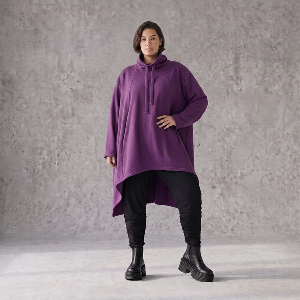 Damen Shirt Avantgarde Baumwolle Lila, Vokuhila, Langarm, Kapuze, Oversize große Größen – Rafay