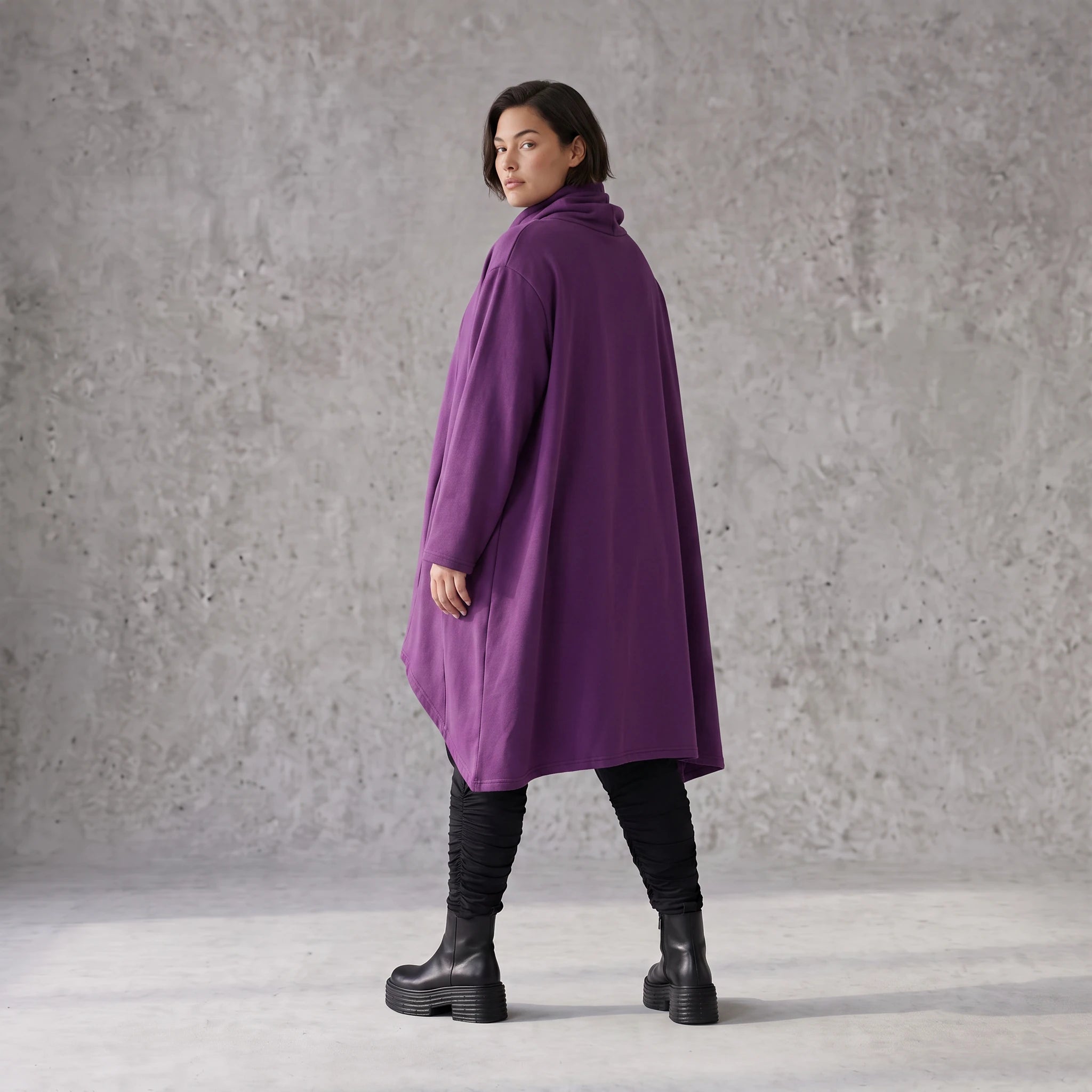 Damen Shirt Avantgarde Baumwolle Lila, Vokuhila, Langarm, Kapuze, Oversize große Größen – Rafay