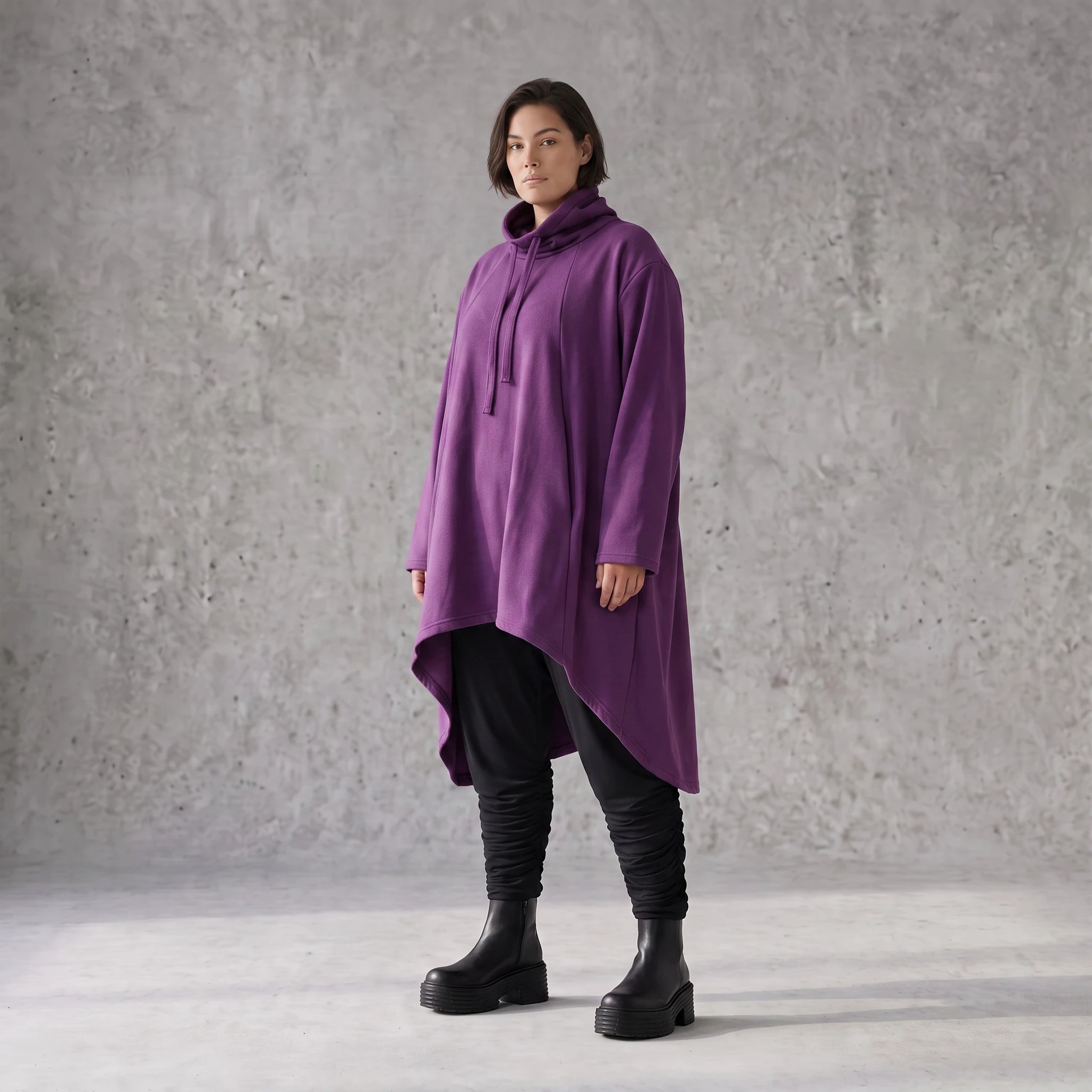 Damen Shirt Avantgarde Baumwolle Lila, Vokuhila, Langarm, Kapuze, Oversize große Größen – Rafay