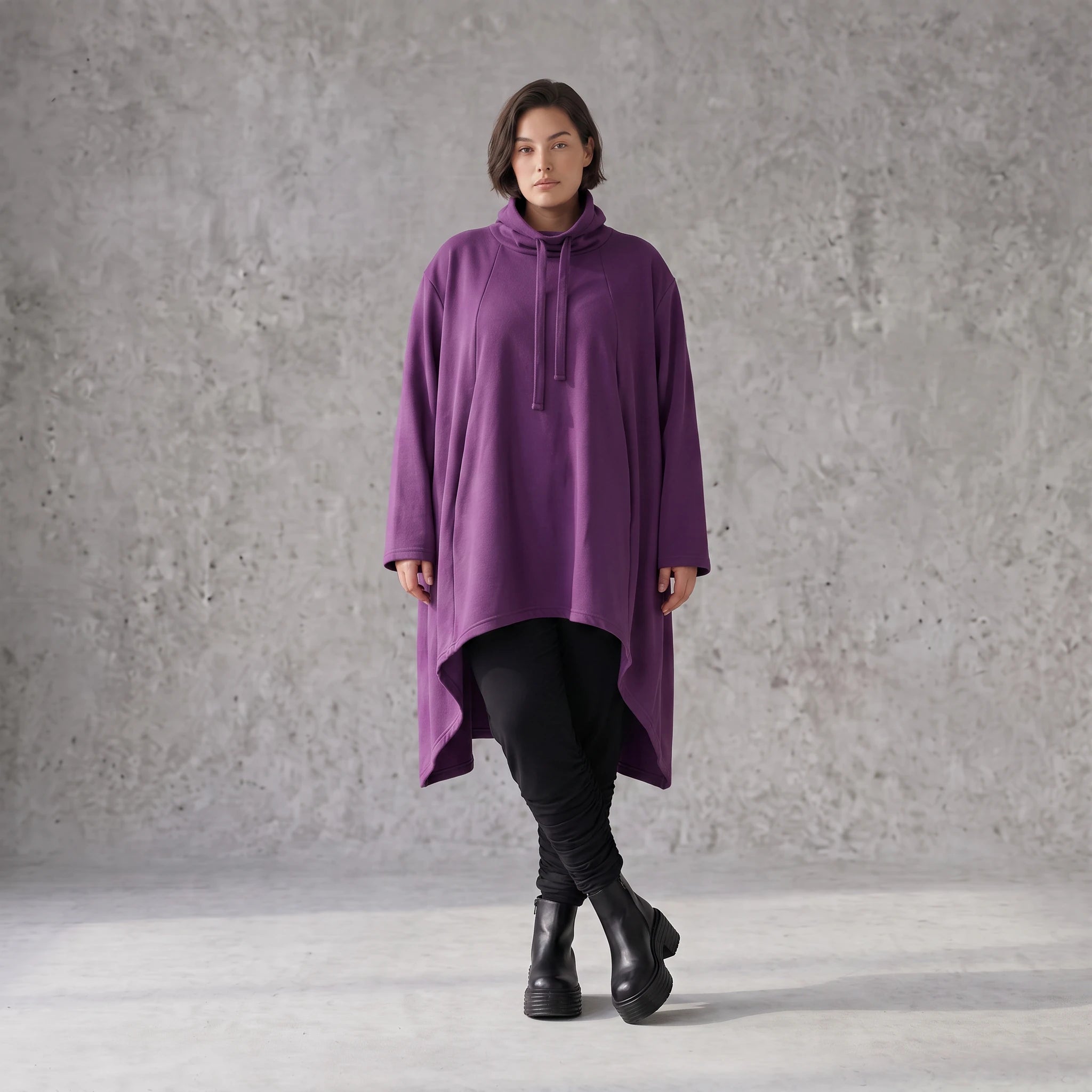 Damen Shirt Avantgarde Baumwolle Lila, Vokuhila, Langarm, Kapuze, Oversize große Größen – Rafay