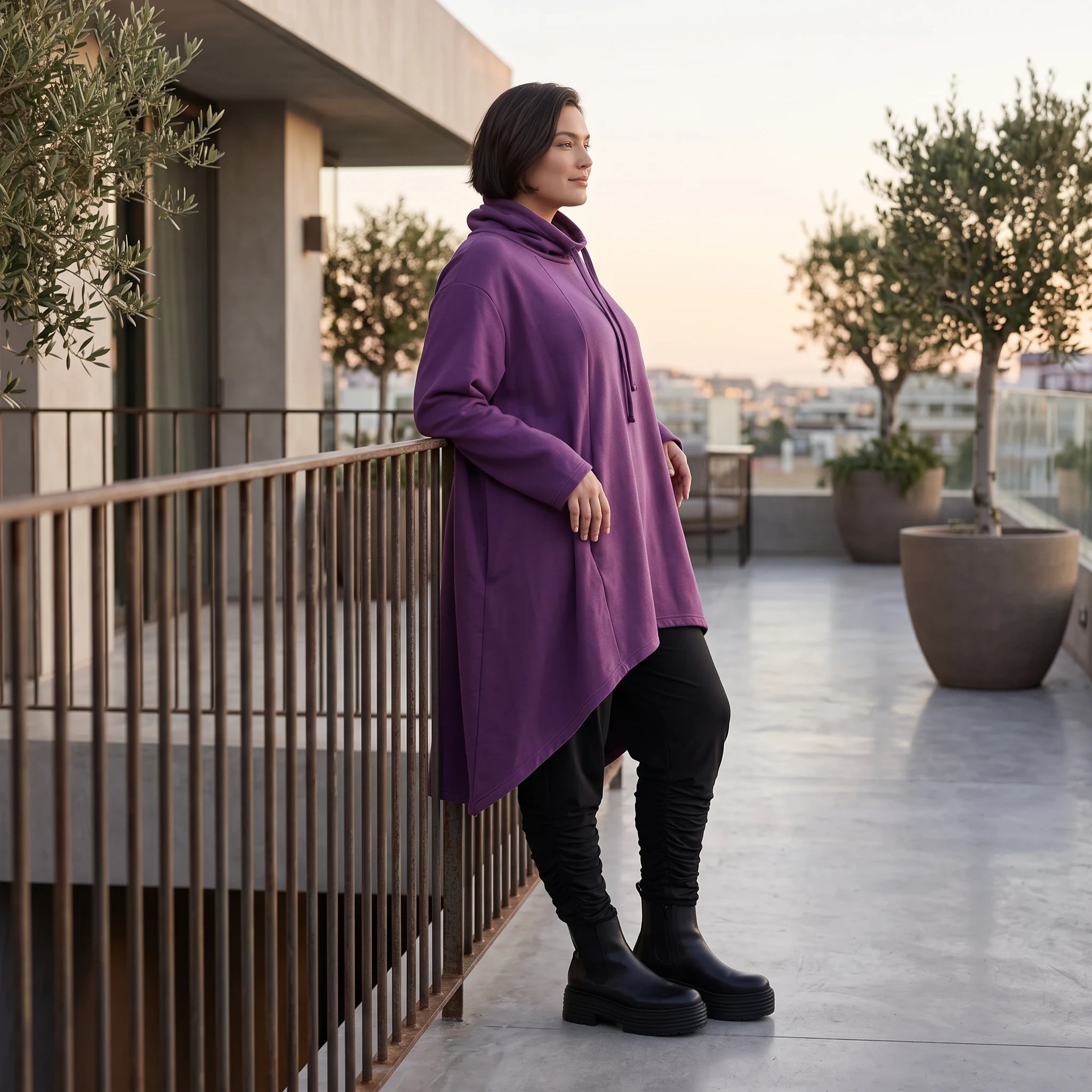 Damen Shirt Avantgarde Baumwolle Lila, Vokuhila, Langarm, Kapuze, Oversize große Größen – Rafay