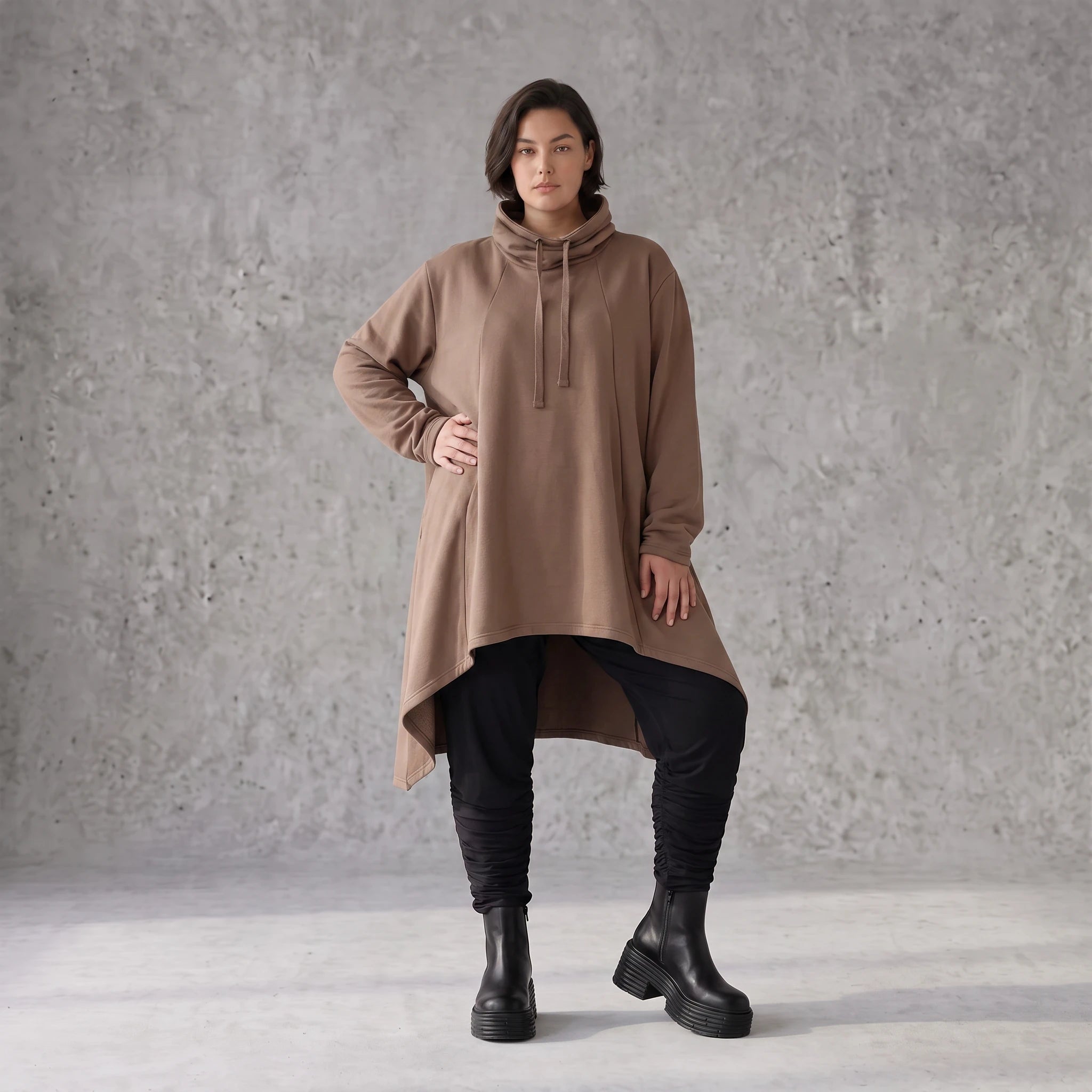 Damen Shirt Avantgarde Baumwolle Braun, Vokuhila, Langarm, Kapuze, Oversize große Größen – Rafay