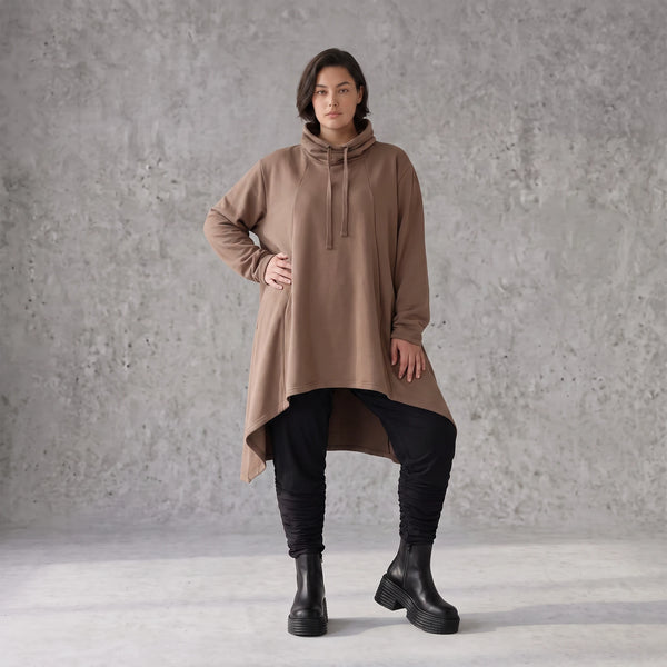 Damen Shirt Avantgarde Baumwolle Braun, Vokuhila, Langarm, Kapuze, Oversize große Größen – Rafay
