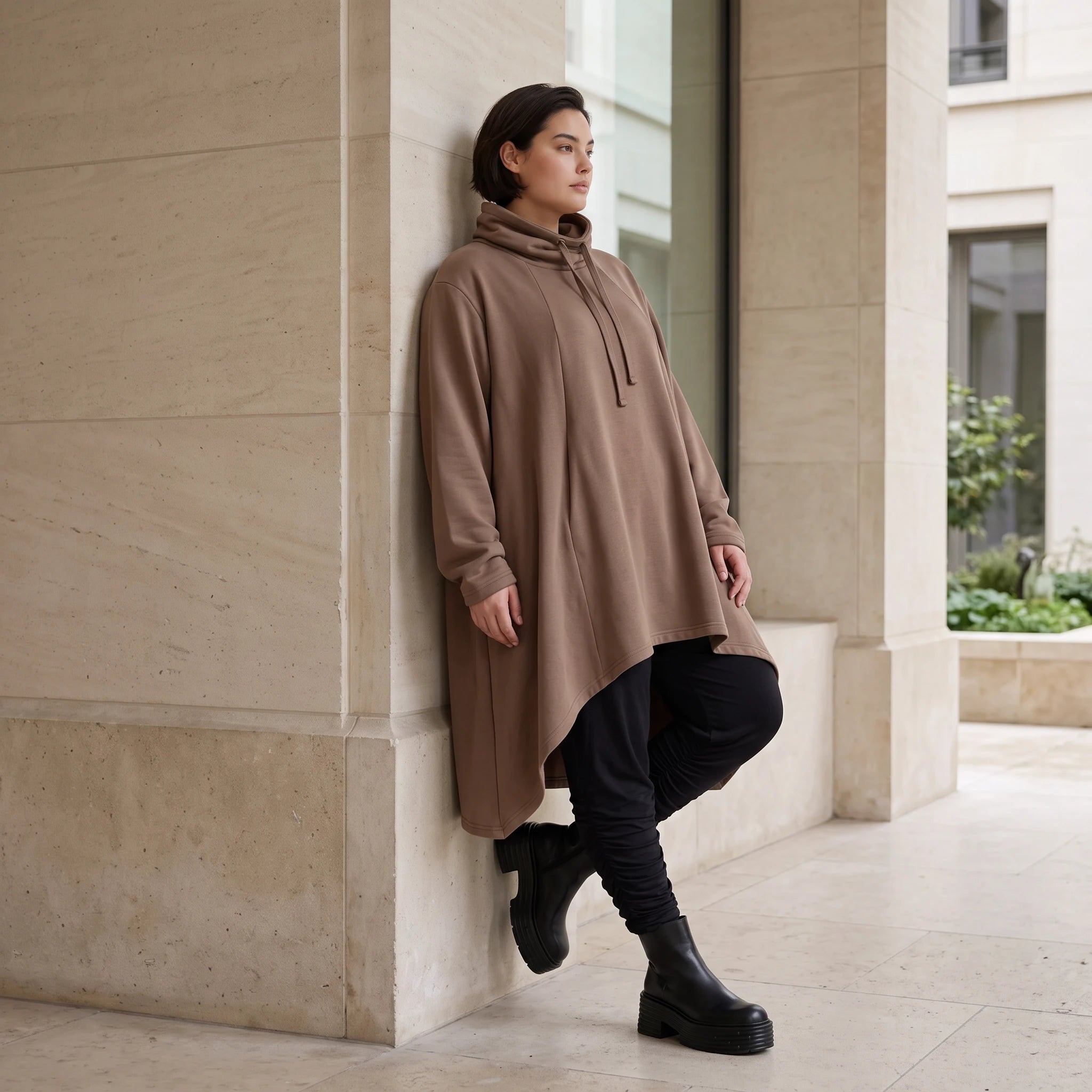 Damen Shirt Avantgarde Baumwolle Braun, Vokuhila, Langarm, Kapuze, Oversize große Größen – Rafay