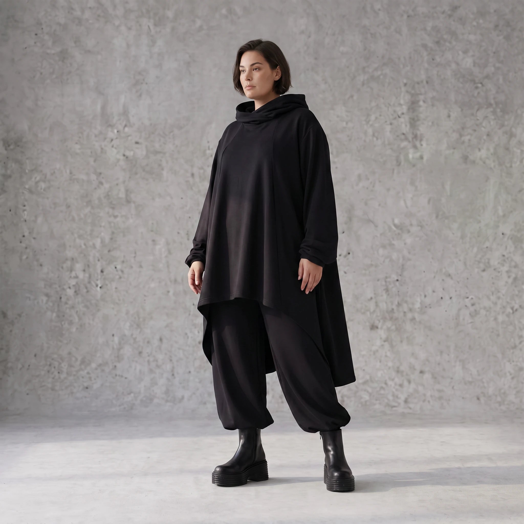 Damen Shirt Avantgarde Baumwolle Schwarz, Vokuhila, Langarm, Kapuze, Oversize große Größen – Rafay