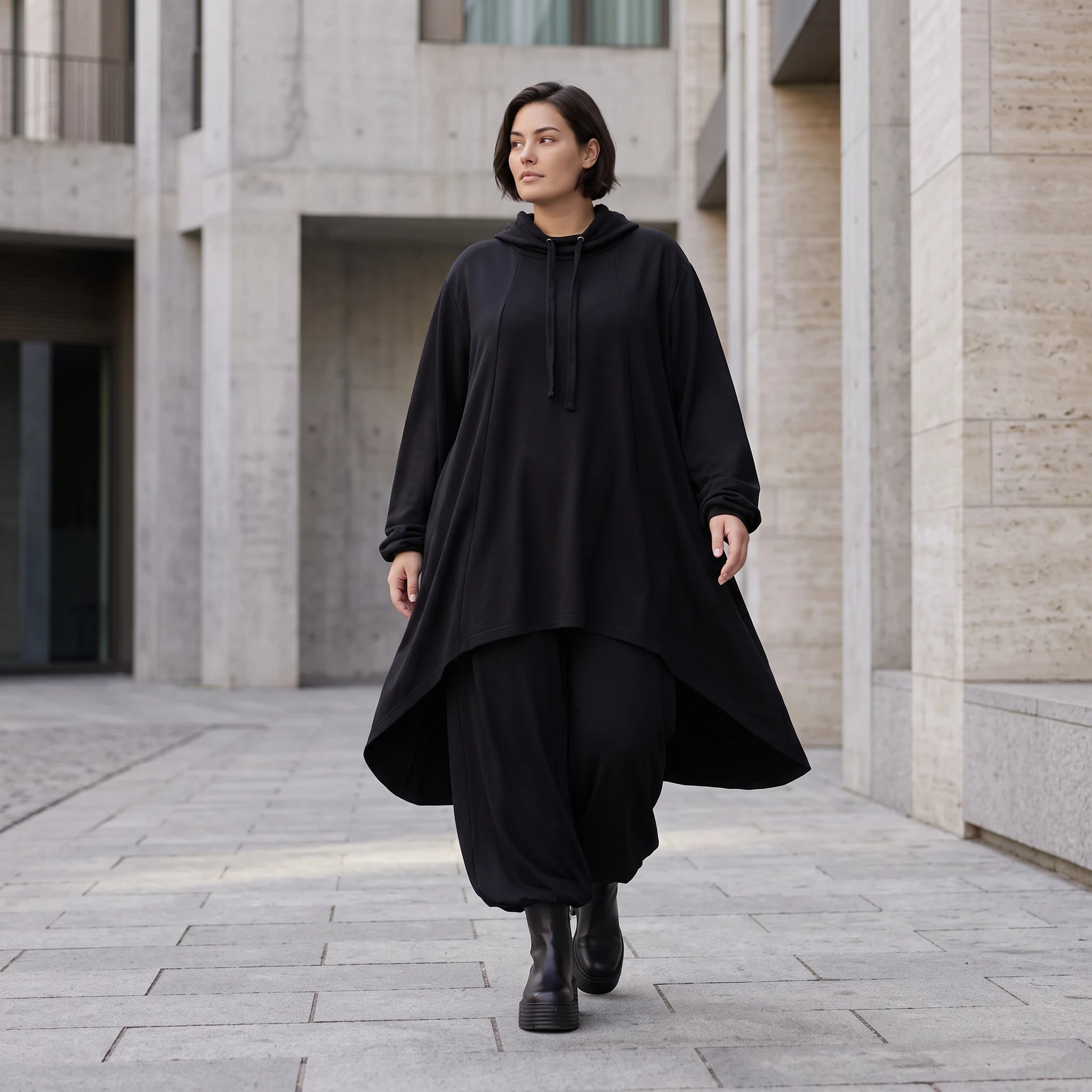 Damen Shirt Avantgarde Baumwolle Schwarz, Vokuhila, Langarm, Kapuze, Oversize große Größen – Rafay
