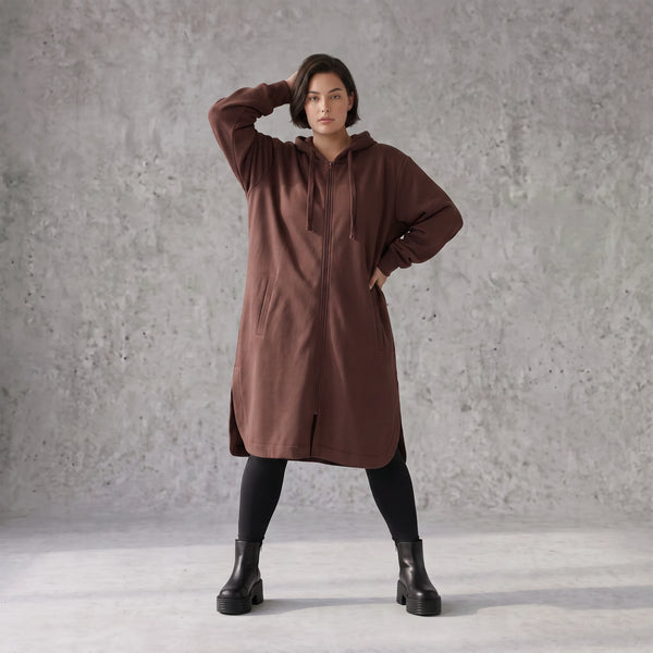 Damen Jacke Avantgarde Baumwolle Schokobraun, gerader Schnitt, Langarm, Kapuze, Oversize große Größen – Rafay