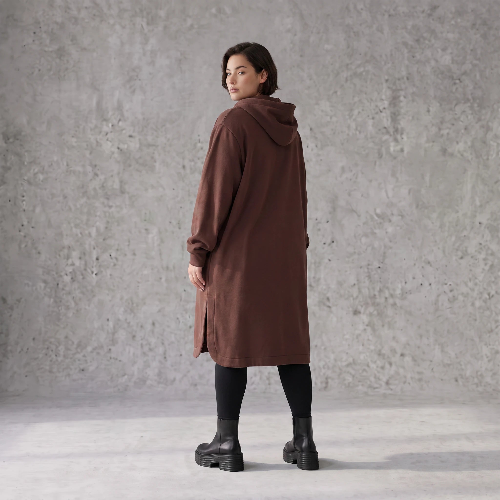 Damen Jacke Avantgarde Baumwolle Schokobraun, gerader Schnitt, Langarm, Kapuze, Oversize große Größen – Rafay