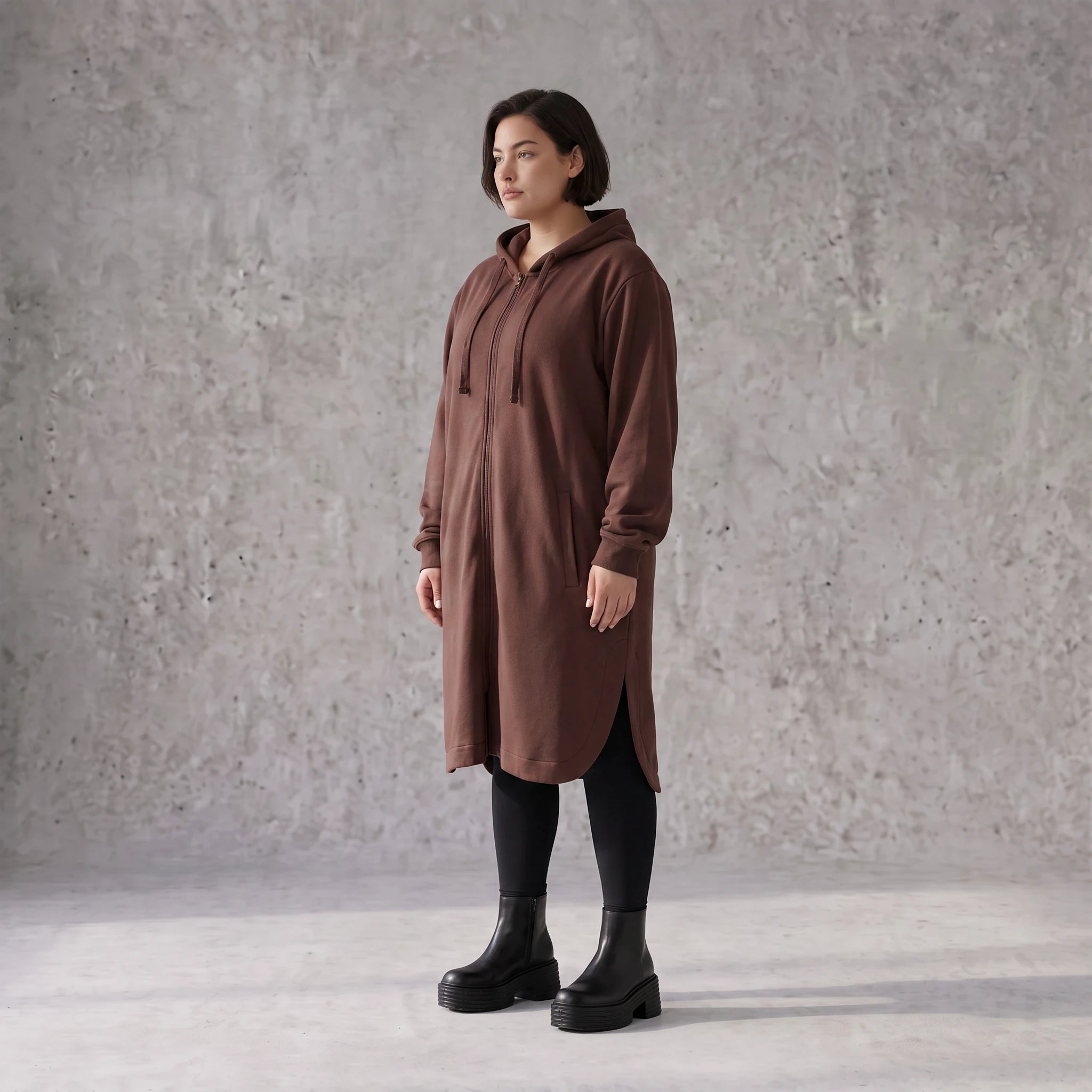 Damen Jacke Avantgarde Baumwolle Schokobraun, gerader Schnitt, Langarm, Kapuze, Oversize große Größen – Rafay