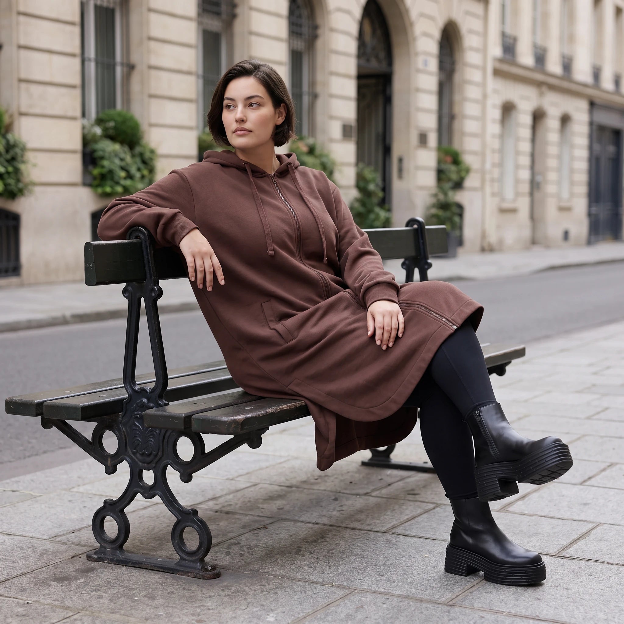 Damen Jacke Avantgarde Baumwolle Schokobraun, gerader Schnitt, Langarm, Kapuze, Oversize große Größen – Rafay
